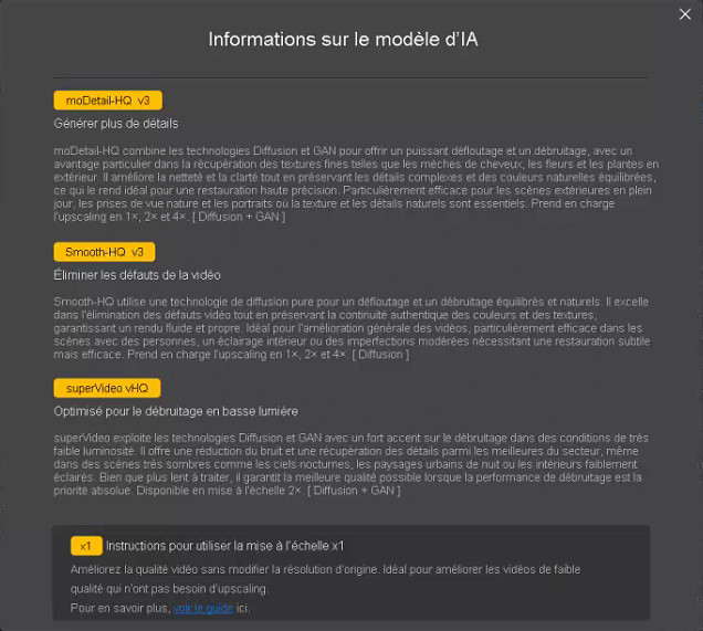 Informations sur les modèles IA d’Aiarty Video Enhancer