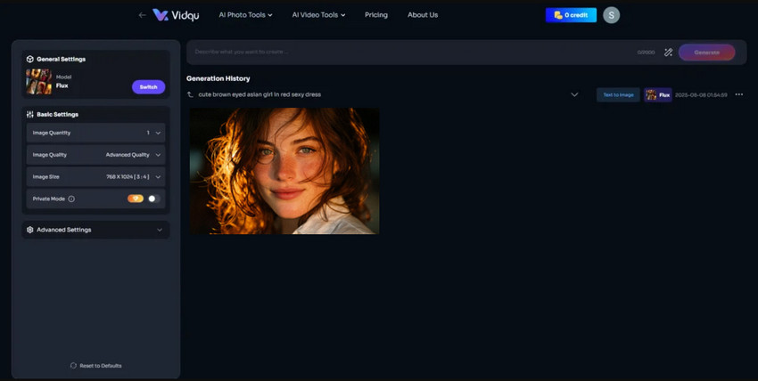 Générer une image dans Vidqu AI