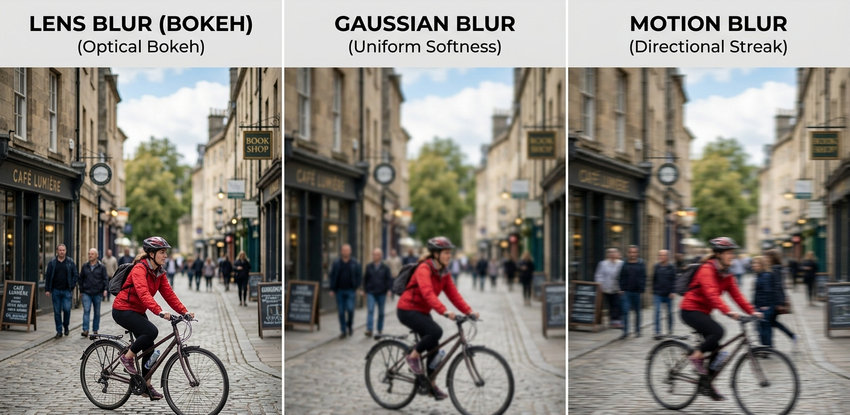 Lens Blur, Gaussian Blur,  Motion Blur