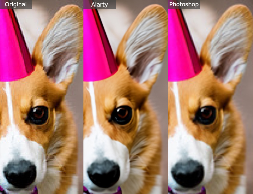 Original pixelated image vs Aiarty processed vs Photoshop processed