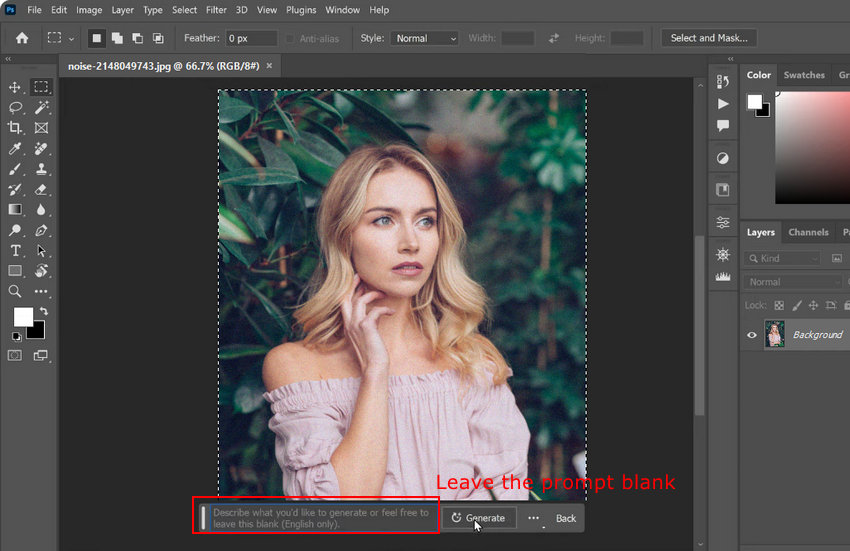 Denoise an image uding Generative Fill in Photoshop
