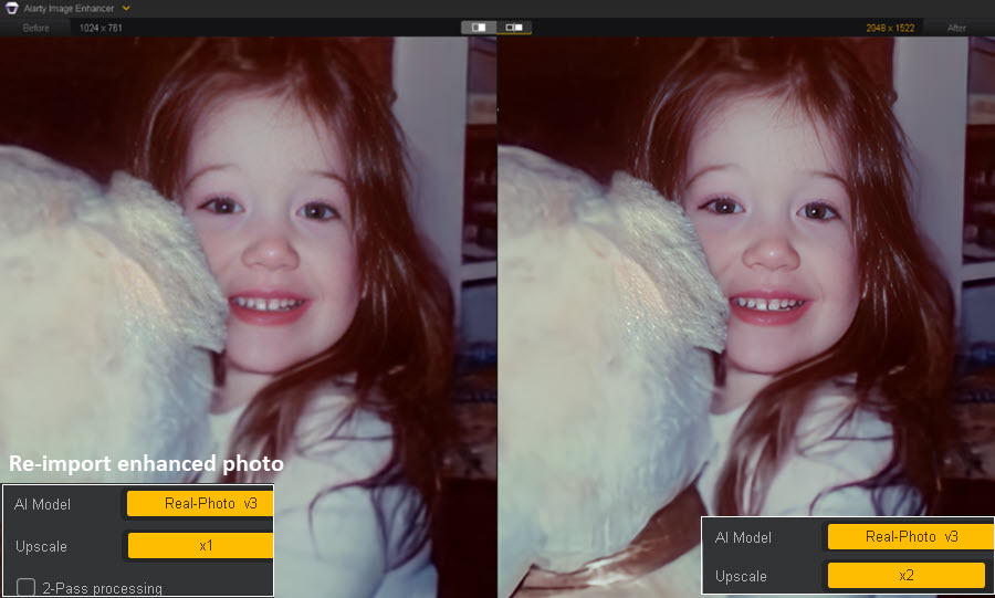 Aiarty for Portrait Photos: x1 Real Photo, Reimport x2