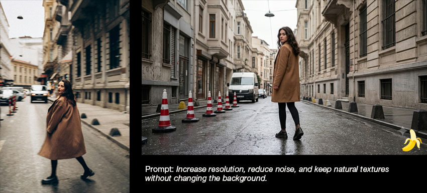 portrait photo before and after Nano Banana upscaling comparison