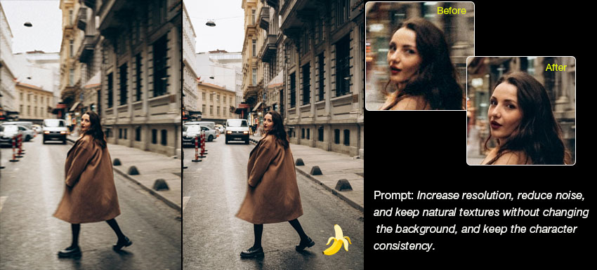 portrait consistency before and after Nano Banana upscaling comparison