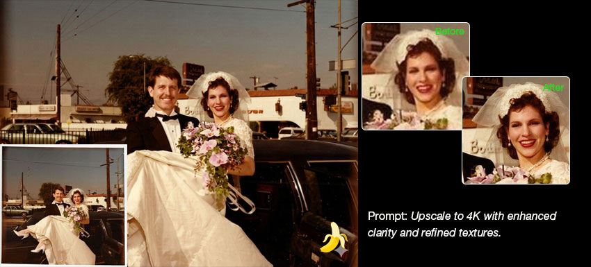Old wedding photo before and after Nano Banana upscaling comparison