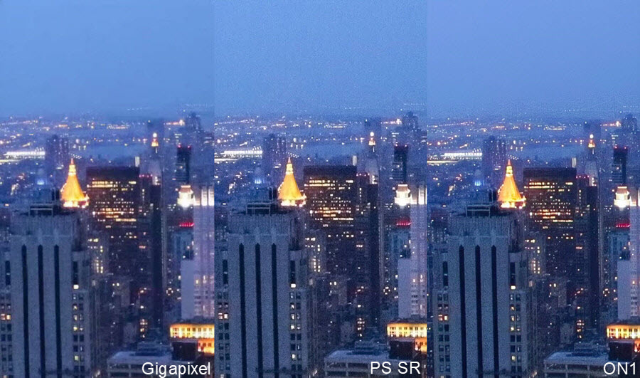 Photoshop super resolution vs on1 vs Gagipixel denoising test
