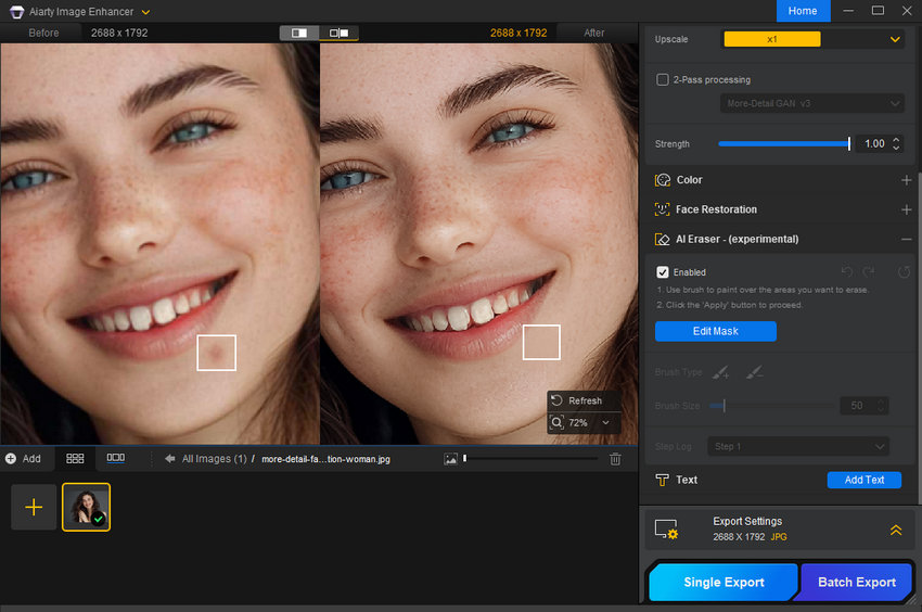 Retouch imperfections and blemishes in photo with Aiarty