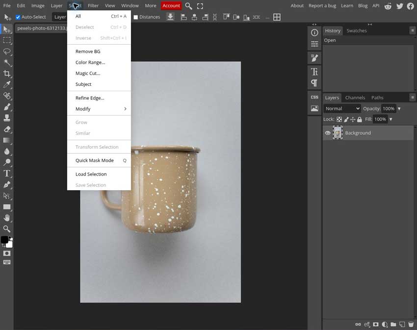 Photopea Select menu with the Remove BG command visible above Magic Cut and Refine Edge