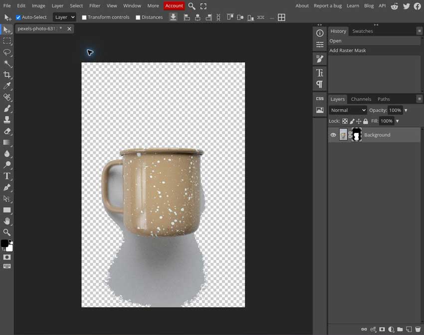 Initial Photopea Remove BG result with a raster mask and unwanted gray background remaining beneath a mug