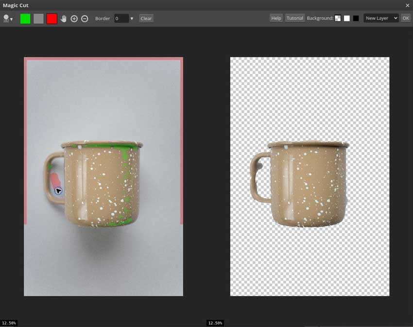 Photopea Magic Cut showing green foreground guidance and a red background stroke inside a mug handle with a transparent preview