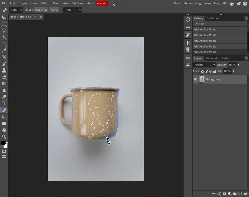 Photopea Pen tool in Path mode with an unfinished curved path around the rim and right edge of a mug