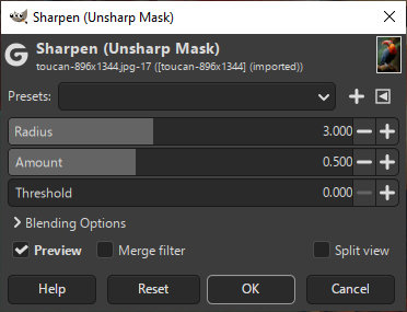 Adjust Sharpen (Unsharp Mask) parameters