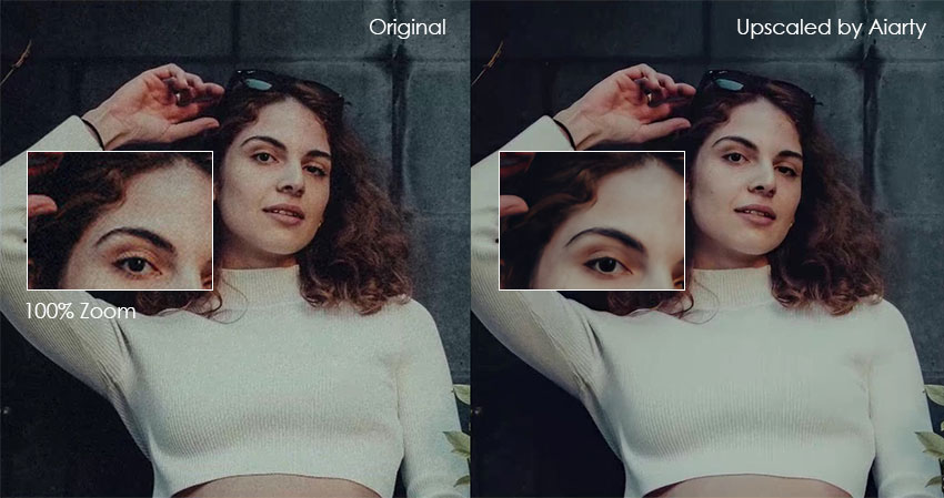 Portrait before and after upscaling with Aiarty Image Enhancer