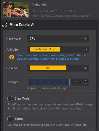select parameters in Aiarty Video Enhancer