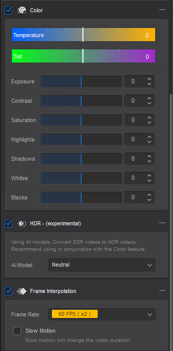 select color correction, HDR enhancement, and FPS improvement parameters