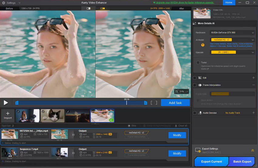Improve video quality in Aiarty Video Enhancer