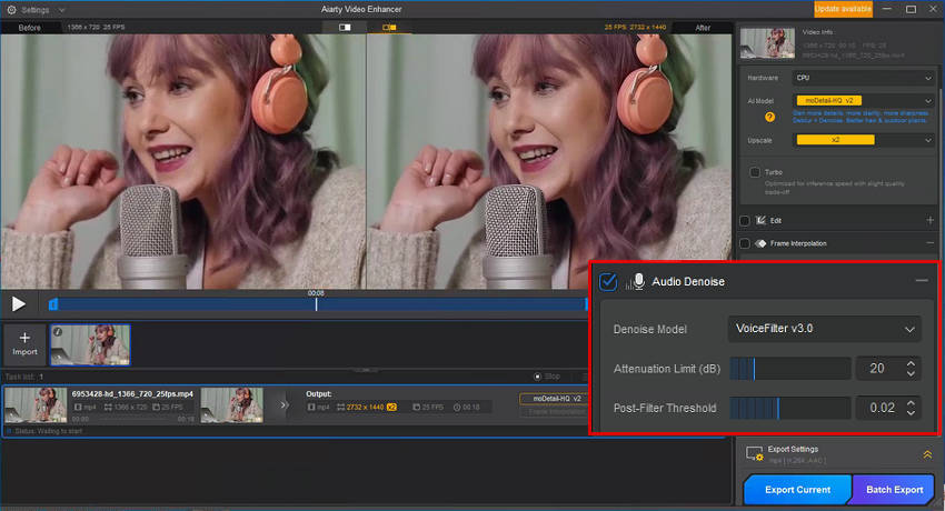 adjust audio denoise settings for echo removal