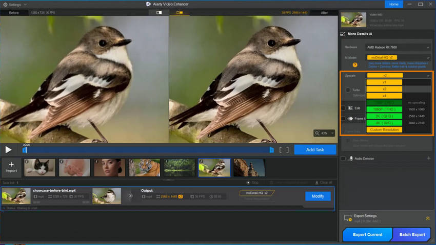 Aiarty Video Enhancer upscale options