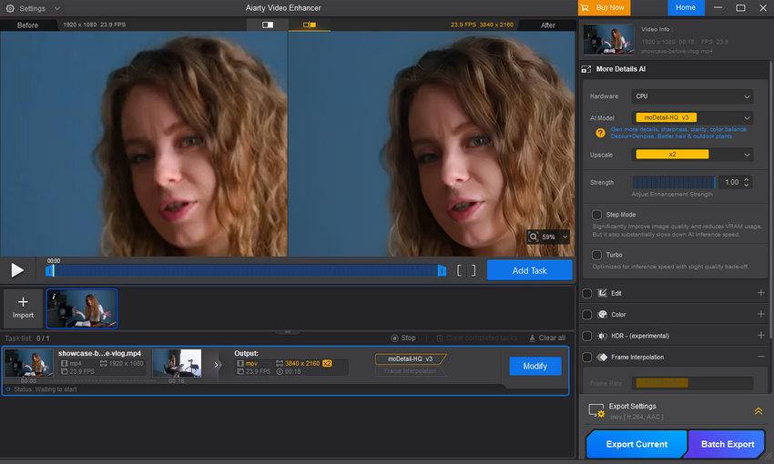 Upscale/enhance video with Aiarty Video Enhancer