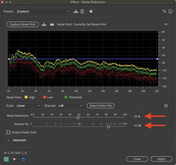 adjust audio denoise settings for echo removal