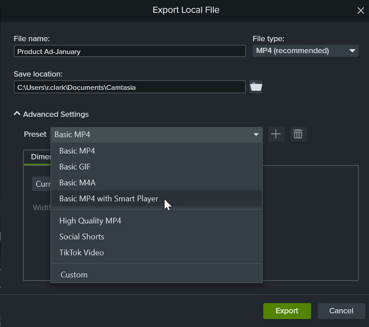 Recommended Camtasia Export Settings (MP4)