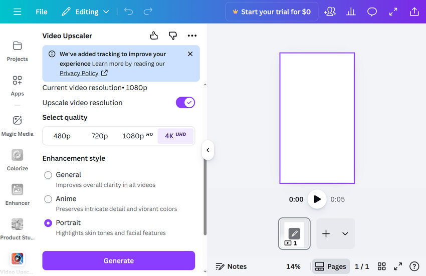 Upscale video online with Canva Video Upscaler