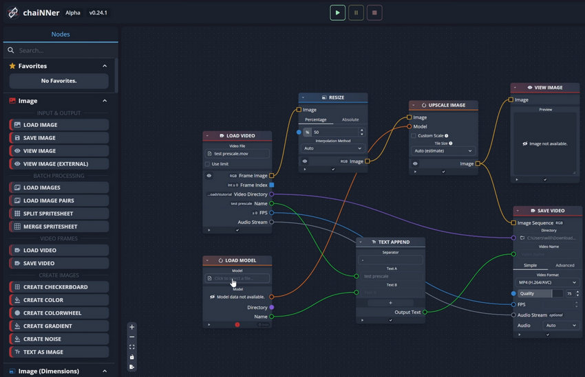 최고의 무료 오픈 소스 AI 비디오 업스케일러 및 향상 도구 - chaiNNer 워크플로우