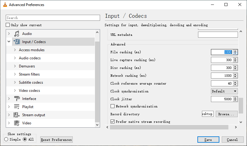 change file cache in VLC