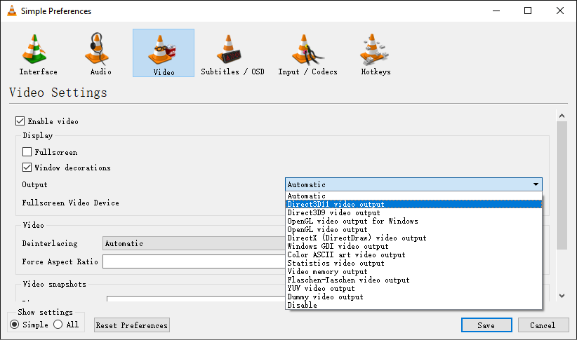change video output in VLC