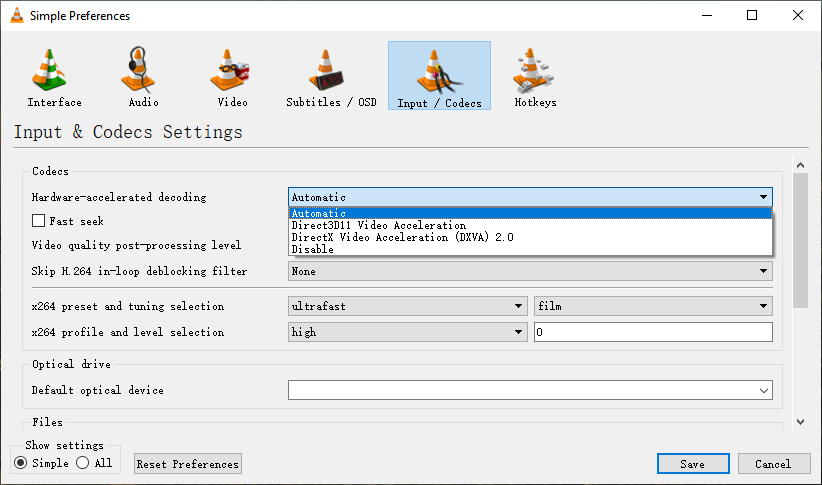 choose hardware accelerated decoding option in VLC