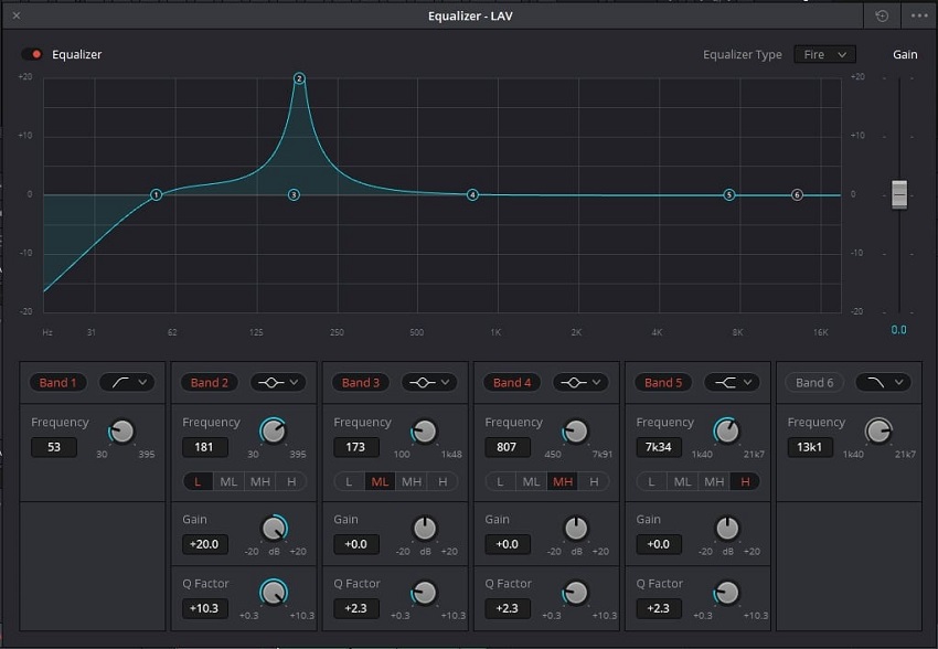 DaVinci Resolve EQ panel