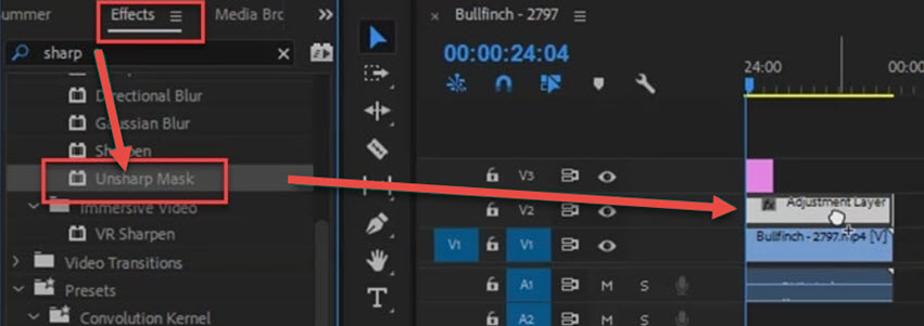 Drag Unsharp Mask to Clip in Premiere Pro