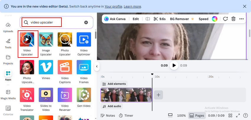 Search video upscaler in Canva