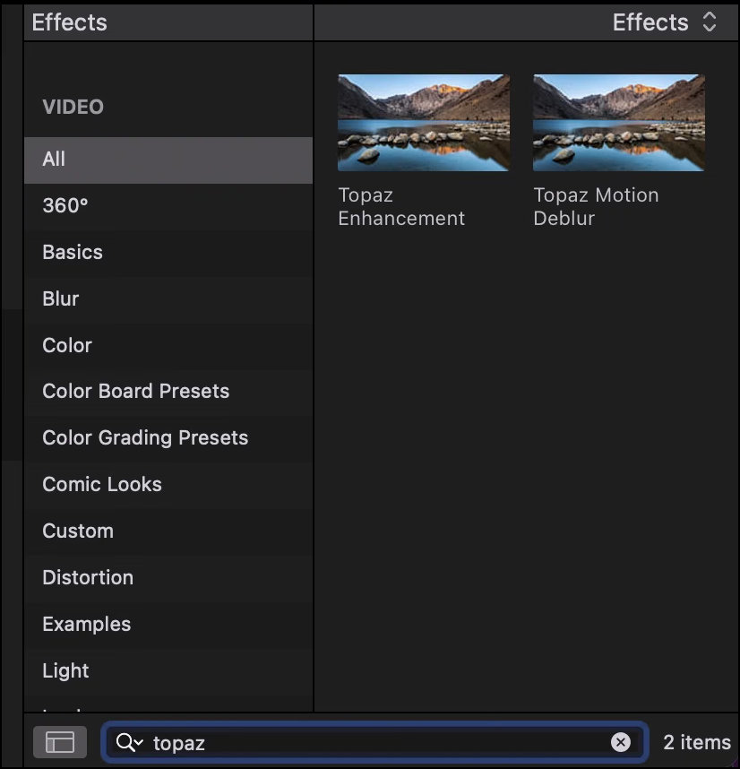 Search Topaz plugin in Final Cut Pro