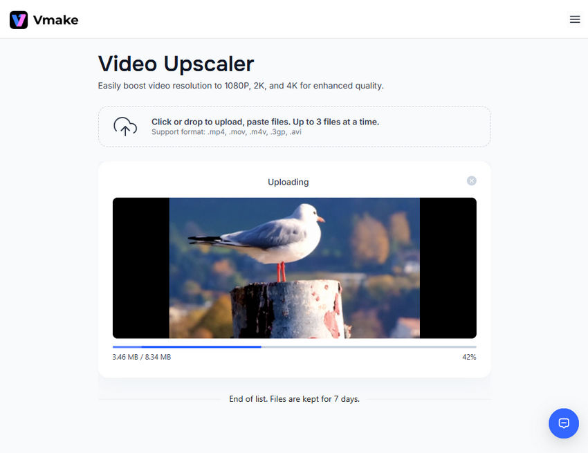 Upload video to Vmake video upscaler