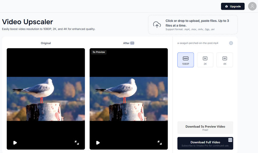 Upscale video online with Vmake