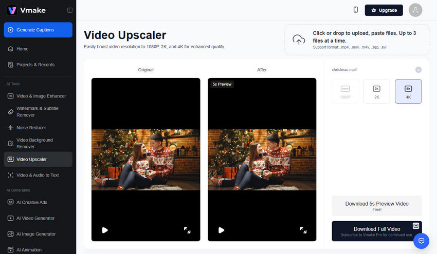 Upscale video online with Vmake