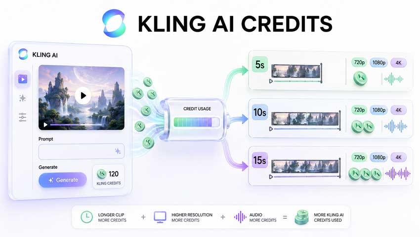 Kling AI credit usage by video length, resolution, and audio