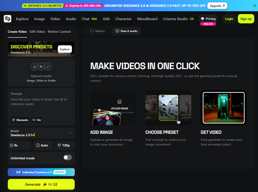 Access Seedance 2.0 for free via Higgsfield