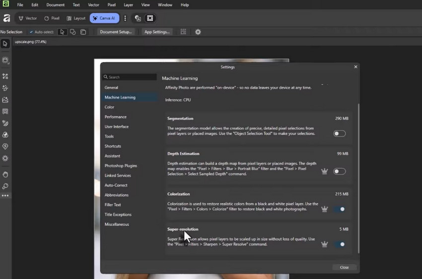 Enable Super Resolution in Affinity Photo