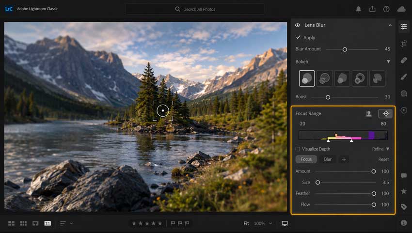 Choose the focus area in Lightroom Lens Blur