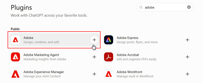 Find and connect adobe in ChatGPT
