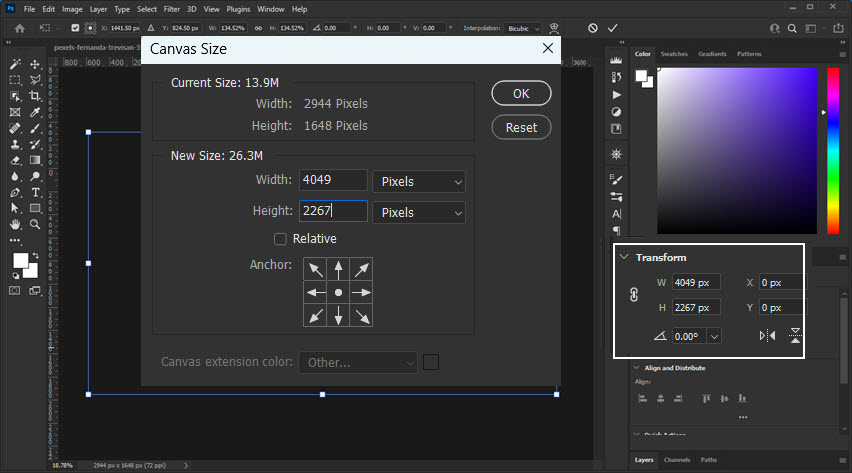 Photoshop Change Canvas Size Dialogue Box by Pixels