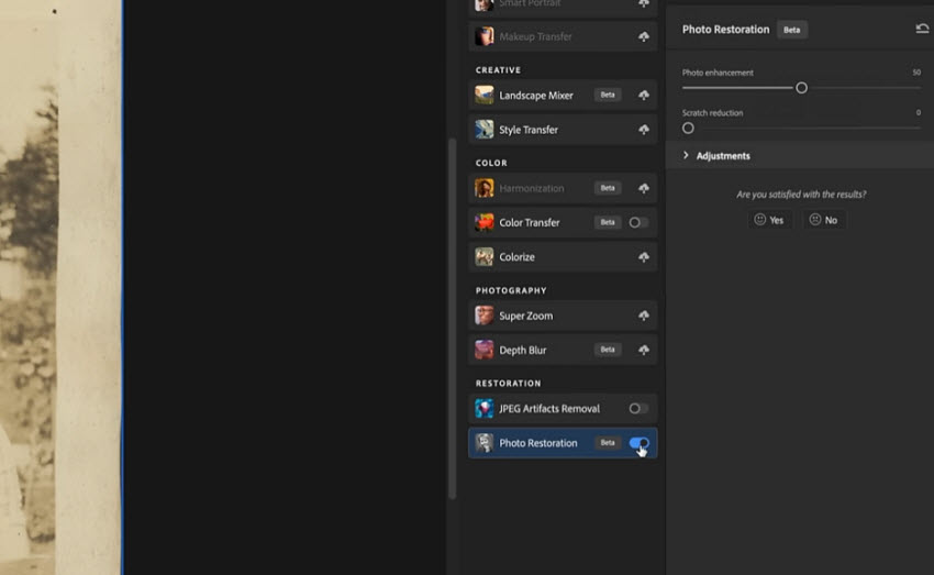 Adjust Photoshop Photo restoration settings