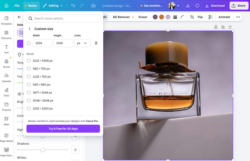 Resize photo on Mac Canva