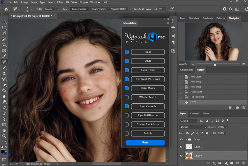 Retouch4me plugin in photoshop preview
