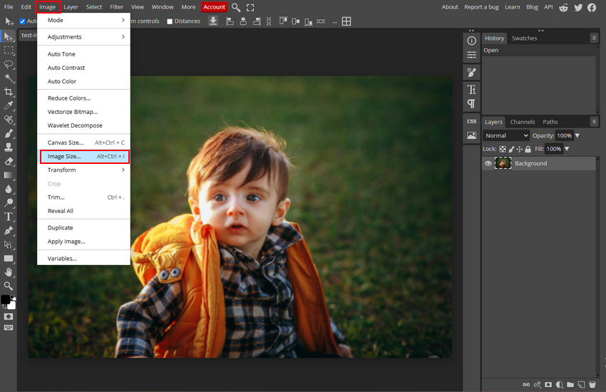 Open the Image Size Dialog in Photopea