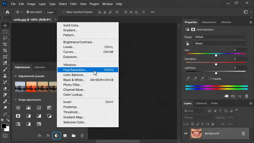Add a Hue Saturation adjustment layer in Photoshop
