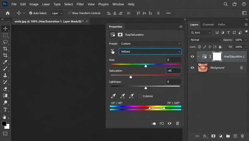 Remove the yellow cast from teeth with Hue Saturation in Photoshop