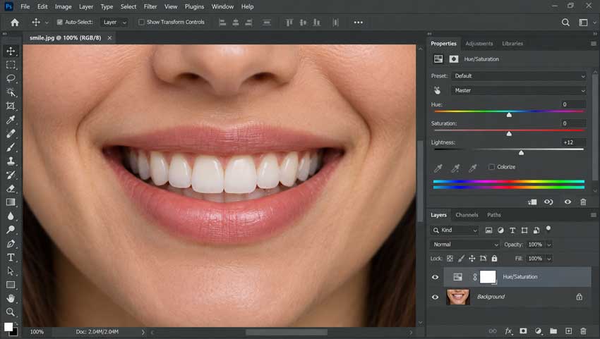 Brighten teeth slightly with Lightness in Photoshop